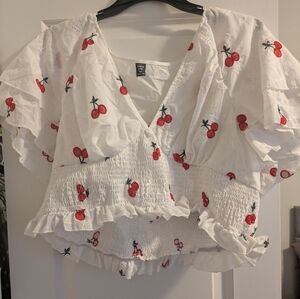 Soleia Women's Plus Size Cherry Print Tie Waist Shirred Shirt